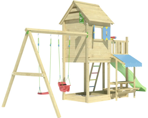 Spielturm aus Holz mit Schaukel, Rutsche und Leiter