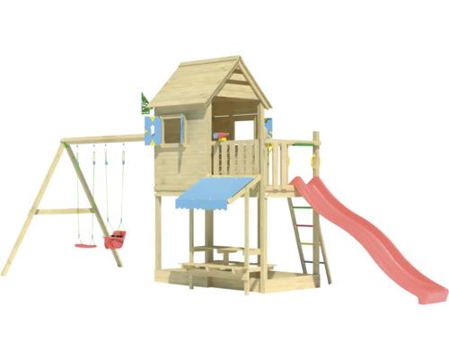 Tour de jeu avec balançoire, toboggan et structure d''escalade en bois pour le jardin