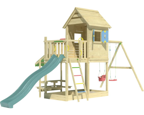 Tour de jeu en bois avec toboggan et balançoire pour le jardin
