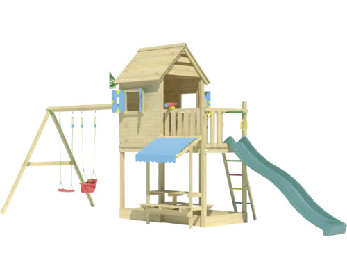 Aire de jeux avec balançoire, toboggan et cabane pour le jardin