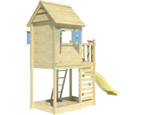 Maisonnette avec toboggan, mur d''escalade et bac à sable en bois