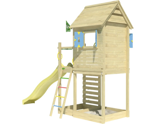 Maison de jeux en bois avec toboggan, échelle et bac à sable