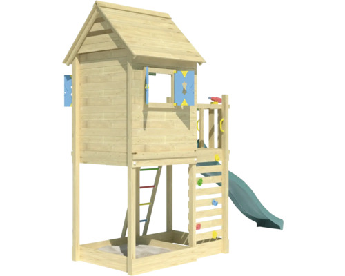 Maisonnette en bois avec toboggan et mur d''escalade pour enfants