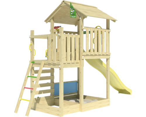 Tour de jeu en bois avec toboggan et bac à sable