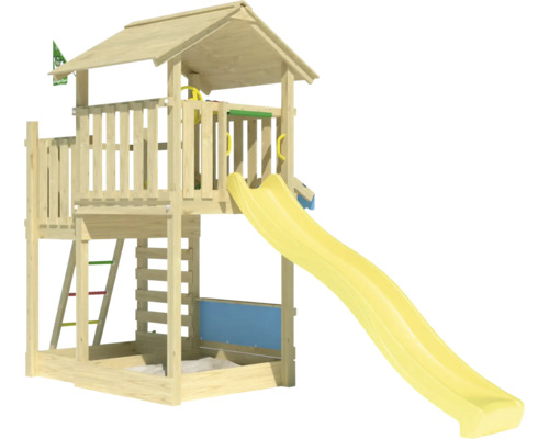 Tour de jeux en bois avec toboggan et bac à sable