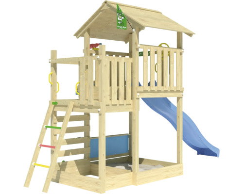 Tour de jeux en bois avec toboggan, échelle et bac à sable