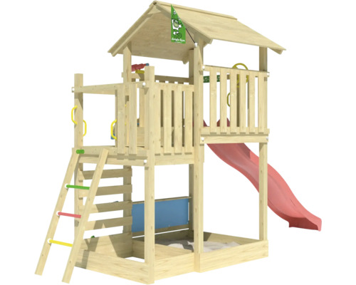 Tour de jeux en bois avec toboggan et bac à sable