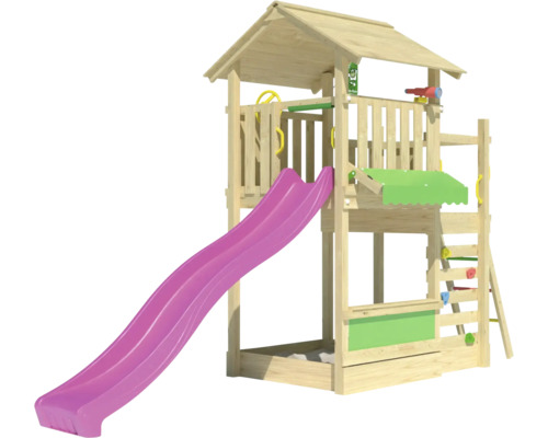 Tour de jeu en bois avec toboggan et bac à sable