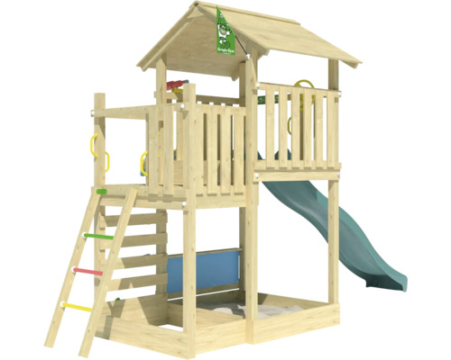 Tour de jeux en bois avec toboggan et bac à sable