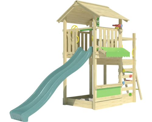 Tour de jeux avec toboggan, échelle et bac à sable en bois