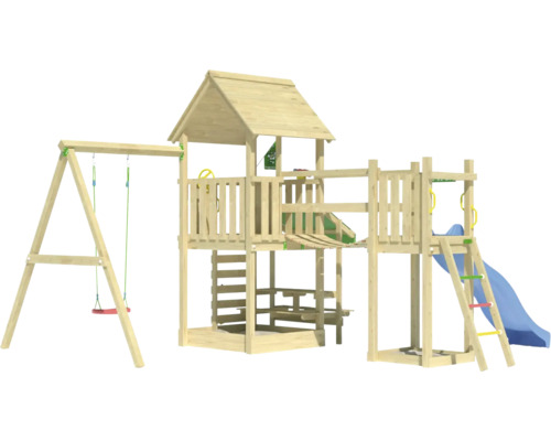 Tour de jeux en bois avec balançoire, échelle et toboggan