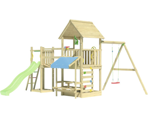 Aire de jeux en bois avec toboggan, balançoire et mur d''escalade pour l''extérieur