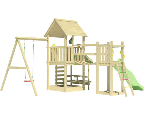 Tour de jeu en bois avec balançoire, toboggan et éléments d''escalade pour le jardin