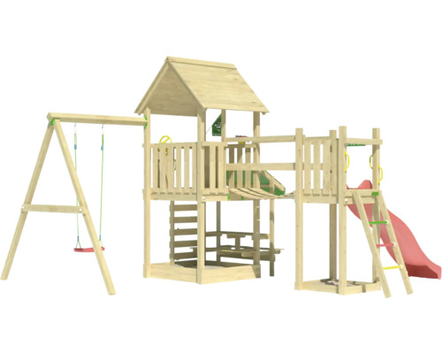 Tour de jeu en bois avec balançoire, toboggan et structure d''escalade pour le jardin