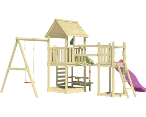 Aire de jeux en bois avec balançoire, toboggan et structure d''escalade