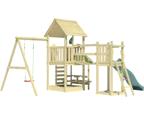 Aire de jeux en bois avec balançoire, toboggan et cabane