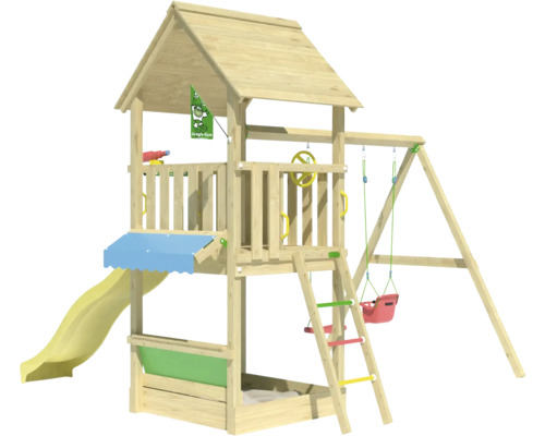 Tour de jeu en bois avec toboggan, balançoire et bac à sable