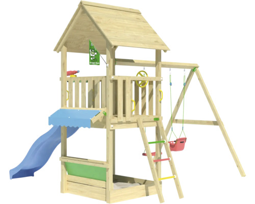 Spielturm aus Holz mit Rutsche, Schaukel und Sandkasten