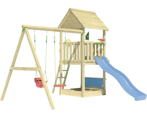 Spieltower aus Holz mit Schaukel, Rutsche und Leiter
