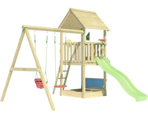 Spielturm mit Schaukel, Kletterleiter und Rutsche für den Garten