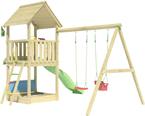 Holzspielturm mit Rutsche und Schaukel für den Garten