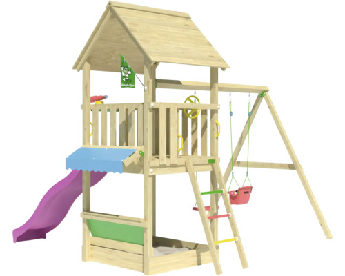 Tour de jeu en bois avec toboggan, balançoire et structure d''escalade