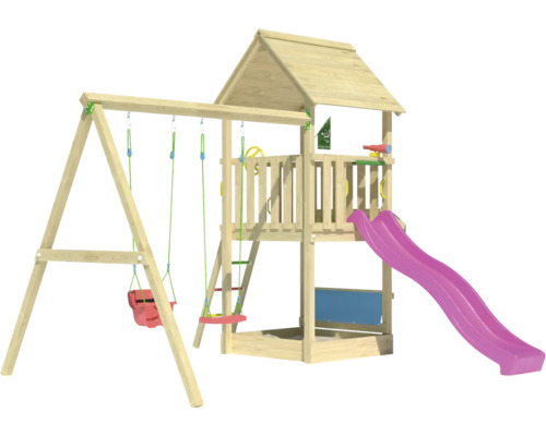 Aire de jeux avec balançoire, toboggan et tour d''escalade en bois