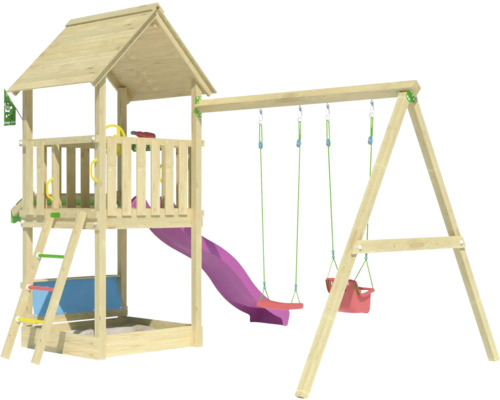 Tour de jeux avec toboggan et balançoire en bois