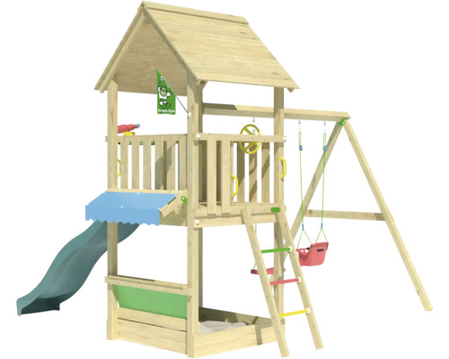 Spielturm aus Holz mit Rutsche, Schaukel und Kletterleiter