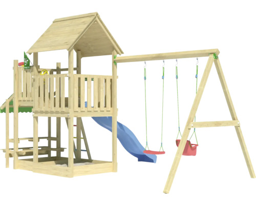 Aire de jeux en bois avec balançoire, toboggan et tour de jeux