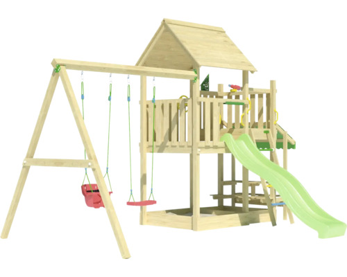 Tour de jeu avec balançoire, toboggan et cabane en bois