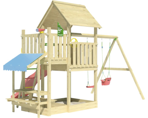 Tour de jeu avec toboggan, balançoire et bac à sable