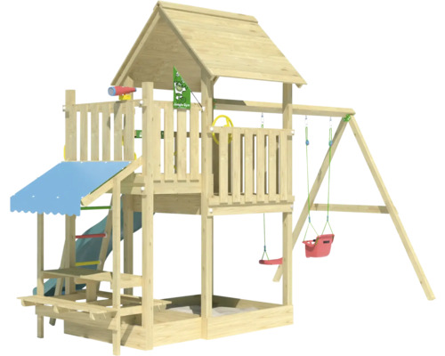 Tour de jeu en bois avec toboggan, balançoire et bac à sable