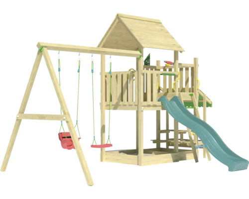 Tour de jeux en bois avec balançoire, toboggan et bac à sable