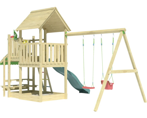 Tour de jeux avec balançoire et toboggan en bois