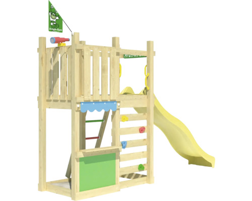 Aire de jeux en bois avec toboggan, mur d''escalade et tableau noir