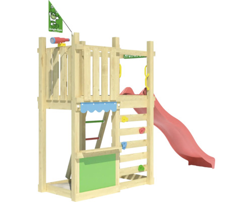 Aire de jeux avec toboggan, mur d''escalade, échelle et drapeau