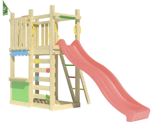 Tour de jeux en bois avec toboggan, échelle et mur d''escalade