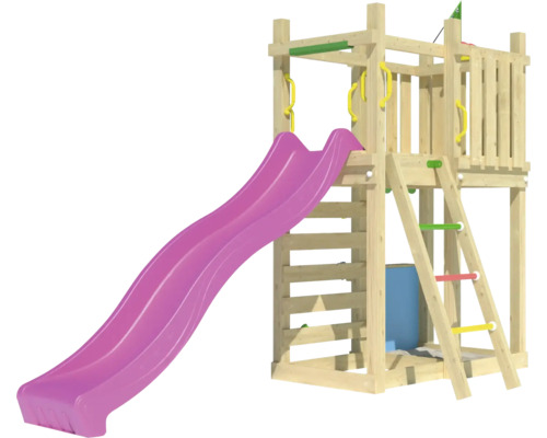 Tour de jeu avec toboggan et échelle d''escalade en bois