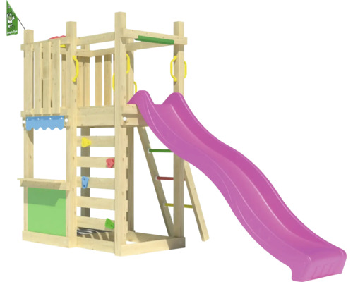 Tour de jeu avec toboggan et mur d''escalade en bois