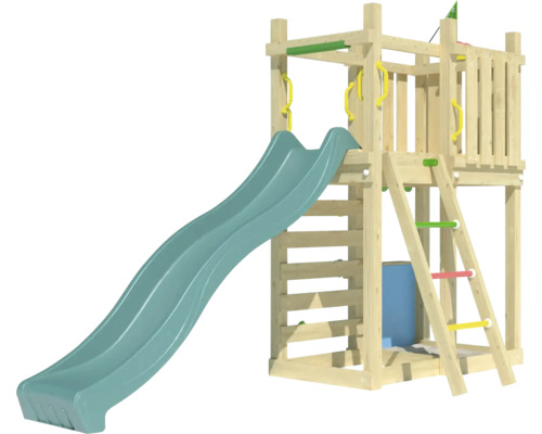 Tour de jeu en bois avec toboggan, mur d''escalade et échelle