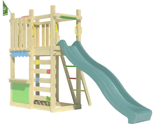 Tour de jeux avec toboggan, mur d''escalade et balançoire