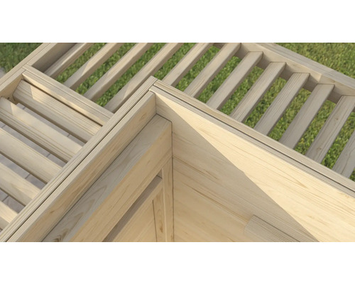 Vue détaillée d'un coin de sauna de jardin en bois avec sommier à lattes