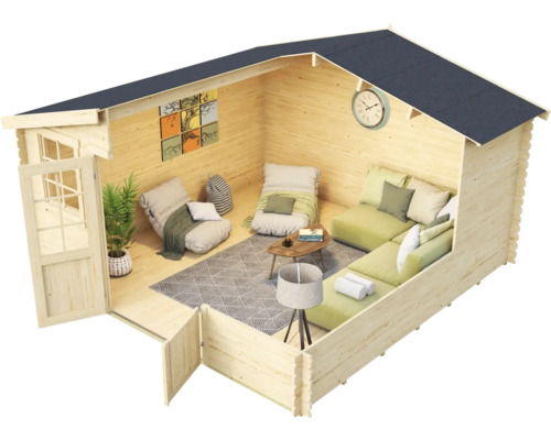 Maison de jardin en bois avec intérieur tel qu''un canapé, des fauteuils et une table