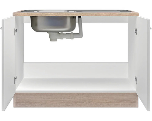 Meuble sous-lavabo avec portes ouvertes et évier