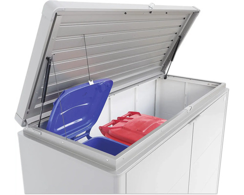 Boîte à ordures ouverte avec des poubelles bleues et rouges