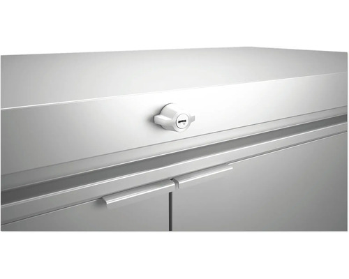 Detailansicht eines abschliessbaren Metallschranks mit Griffen