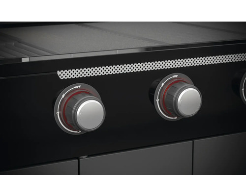 Gros plan d''un barbecue à gaz noir avec des boutons rotatifs pour le réglage de la température