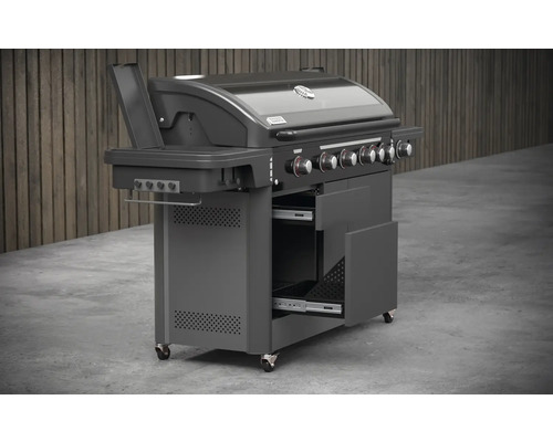 Barbecue à gaz avec boutons de commande et espace de rangement