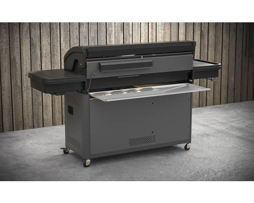 Station de grill avec surfaces de rangement et meuble bas sur roulettes